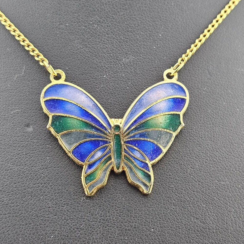 Vintage Cloisonne Blue Morpho Green Enamel Butterfly Pendant Necklace Gold Plate